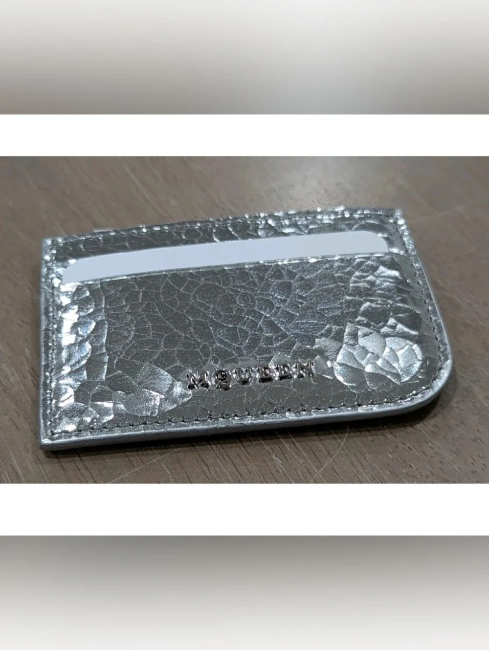 $320 Mens Alexander McQueen Logo Sling Leather Card Case Card Holder Silver